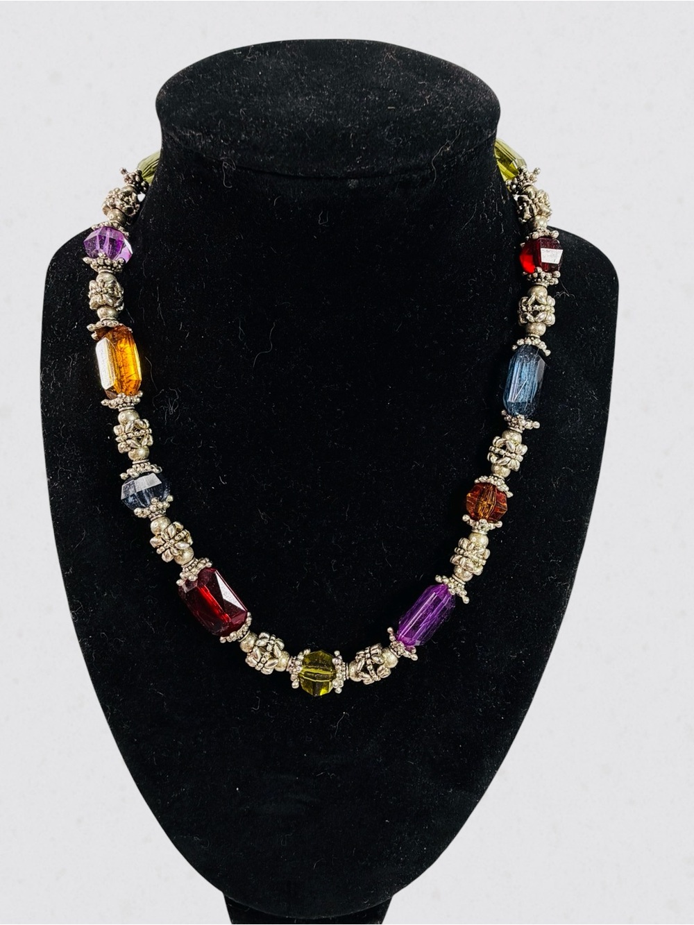 Vintage Glass Crystal Boho Necklace Silver Tone Beaded Purple Red Gold Blue 16”